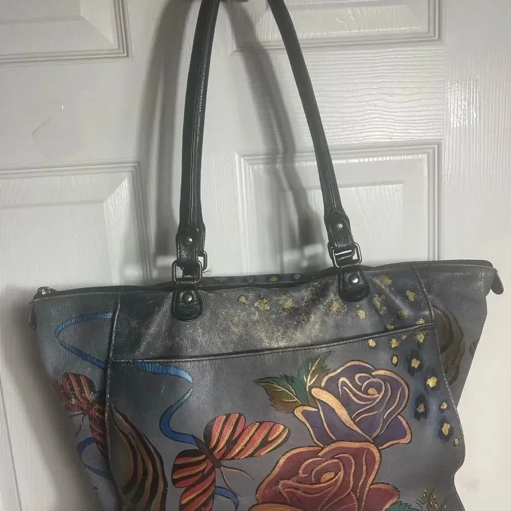 Hand-Painted Floral Leather Tote Bag - Gray